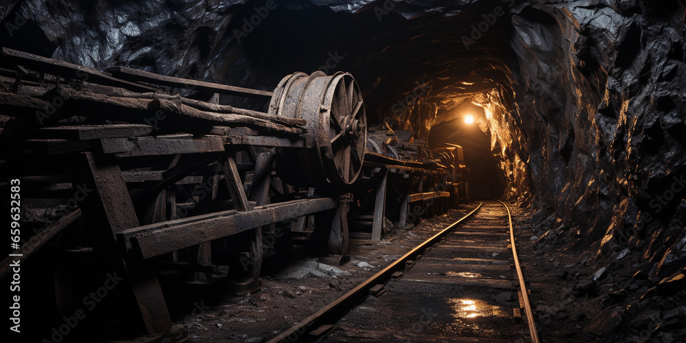 Naklejka premium mining tunnel, shored up with timber, abandoned mining equipment scattered