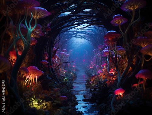 alien tunnel in an unknown planet, bioluminescent plants lining the walls, glowing in vibrant hues
