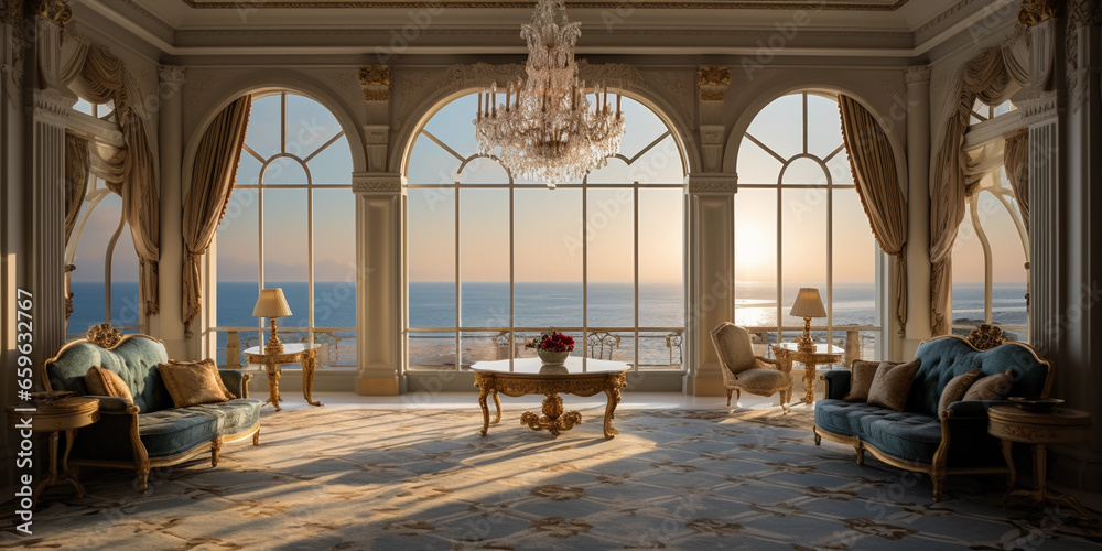 Five - star luxury hotel suite, marble flooring, grand chandelier, elegant draperies, overlooking an ocean, late afternoon