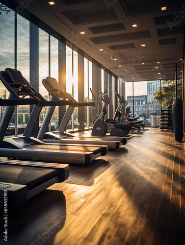 hotel gym, state - of - the - art equipment, neutral tones, well lit, late evening, no people © Gia
