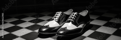 pair of classic black and white saddle shoes, placed on a vintage tiled floor