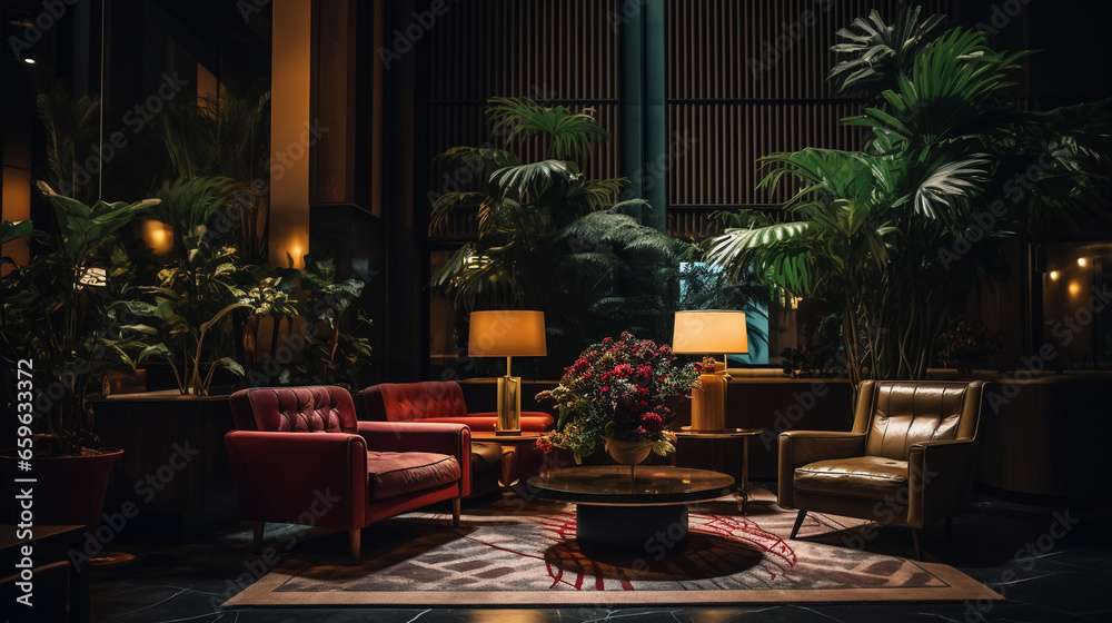 Vintage - themed boutique hotel lobby, retro furniture, large potted plants, moody, dim lighting
