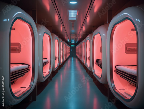 Urban capsule hotel, minimalist design, ambient neon lighting, individual pods, Tokyo aesthetic
