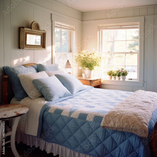  A country bedroom has blue bedding and a quilted 
