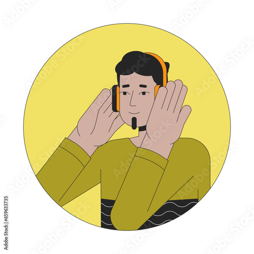 Headphones indian man bearded 2D line vector avatar illustration. South asian guy listening to music beats outline cartoon character face. Podcast listener flat color user profile image isolated