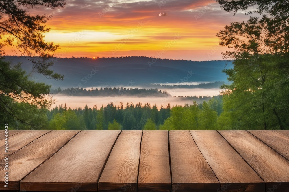 the empty wooden table top with blur background of summer lakes green forest high quality photo