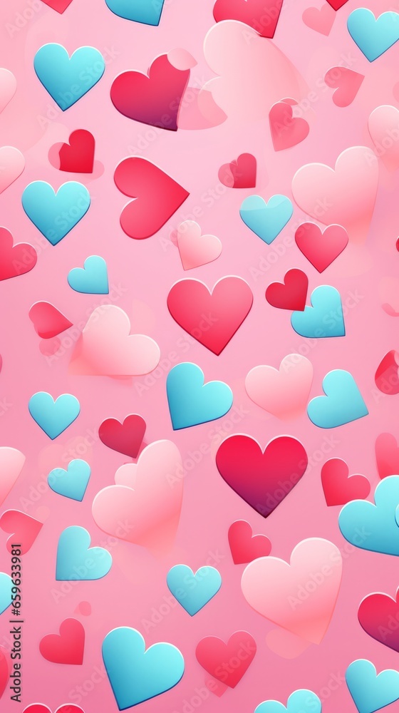 Pink, blue and red hearts on a pink background. Pattern. Top view, flat view.