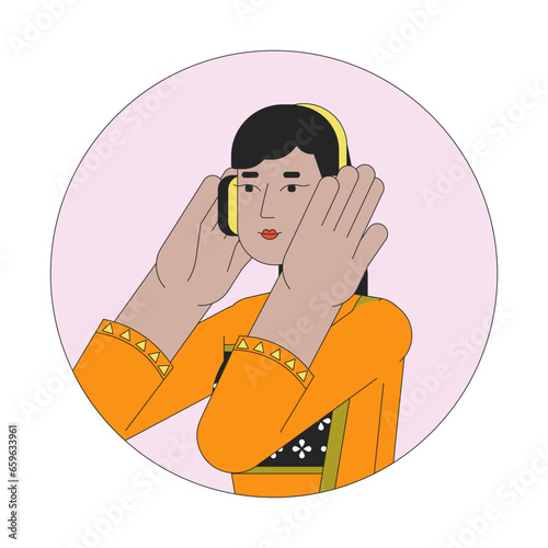 Headphones indian young adult woman 2D line vector avatar illustration. South asian lady listening to music outline cartoon character face. Happy melomaniac girl flat color user profile image isolated