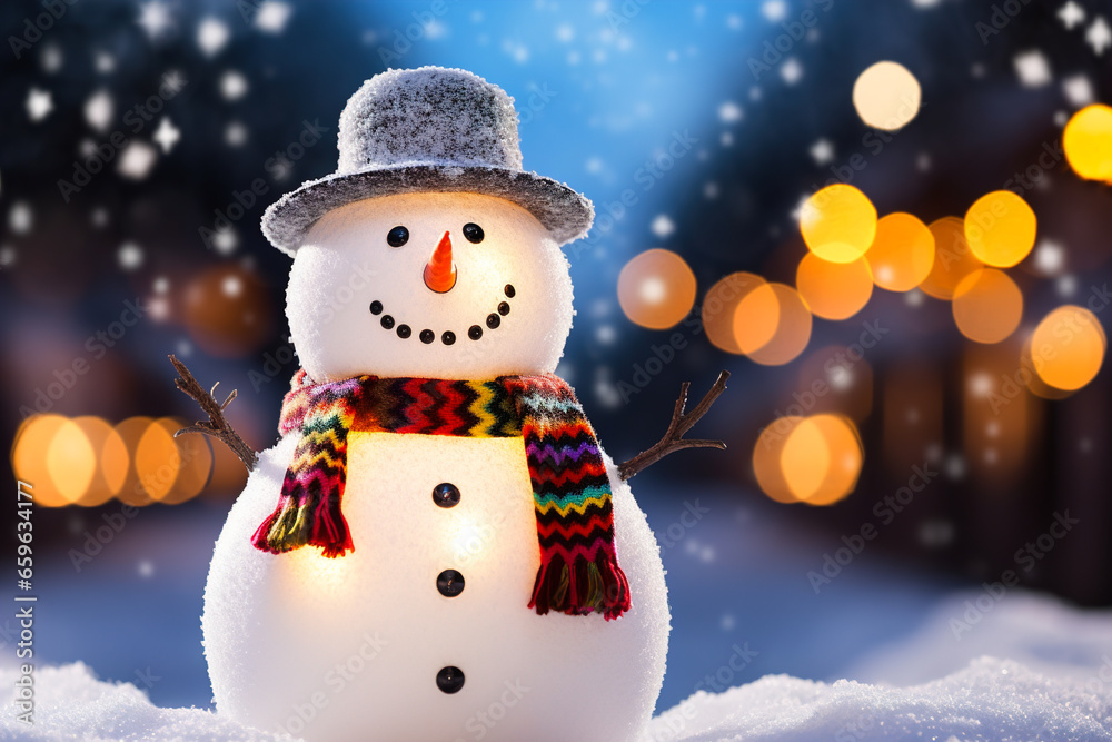 Funny snowman with a hat and scarf stands under the snow on a blurred background of snowflakes and bokeh lights. A beautiful view for a Christmas card.