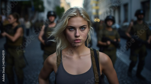 young Caucasian adult woman, blonde, slim attractive, cozy casual tank top, arms or military or mercenaries or vigilantes or soldiers or militia, in a street in a pedestrian zone © wetzkaz
