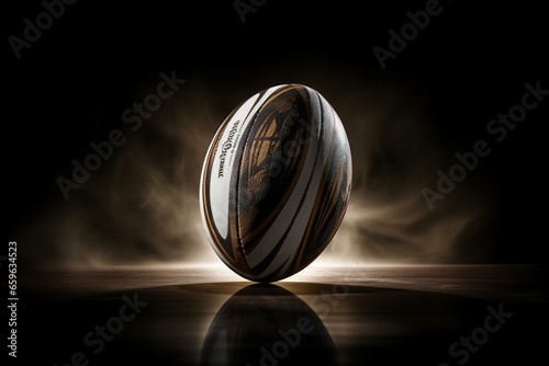 Rugby ball with dramatic lighting, ready to drop. Generative AI
