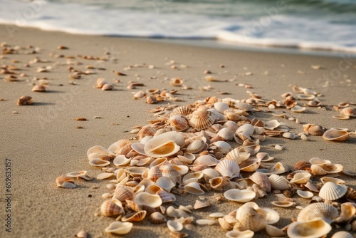 Shells scattered on sandy beach by the ocean. Generative AI