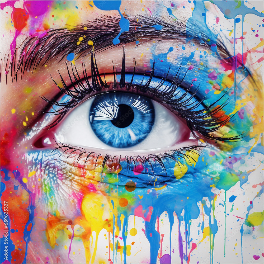 Make-up of watercolor paint flowing down the skin.  Close up of beautiful female eye with abstract colorful make-up. Multicolored creative makeup. Fashion face art, close up. AI generated content.