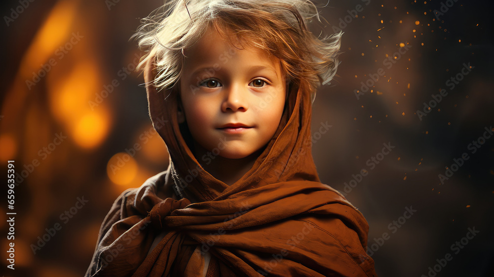 Kid monk in traditional robe, little buddhist monk boy, religion for kids and tradition concept.  - obrazy, fototapety, plakaty 