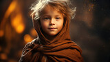 Kid monk in traditional robe, little buddhist monk boy, religion for kids and tradition concept. 