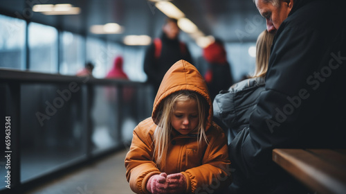 a single father with his two daughters in a building, airport or bureaucracy in a district office, immigration and migration, refugees and refugee crisis or poverty