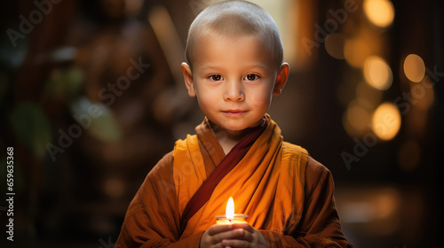 Kid monk in traditional robe, little buddhist monk boy, religion for kids and tradition concept.  © dinastya