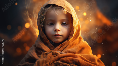 Kid monk in traditional robe, little buddhist monk boy, religion for kids and tradition concept. 