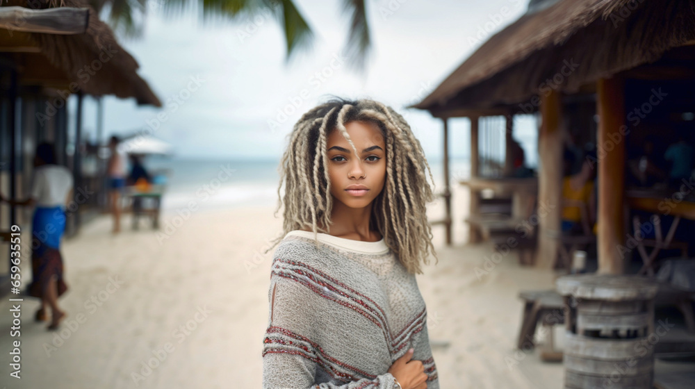 young adult woman, tanned skin tone, 20s 30s, dyed blonde hair, wearing thin cozy casual sweater or poncho, outside at a beach, sandy beach, tropical palm tree young adult woman, tanned skin tone, 20s 30s, dyed blonde hair, wearing thin cozy casual sweater or poncho, outside at a beach, sandy beach, tropical palm tree
