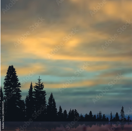 evening yellow landscapes with trees in forest near lake