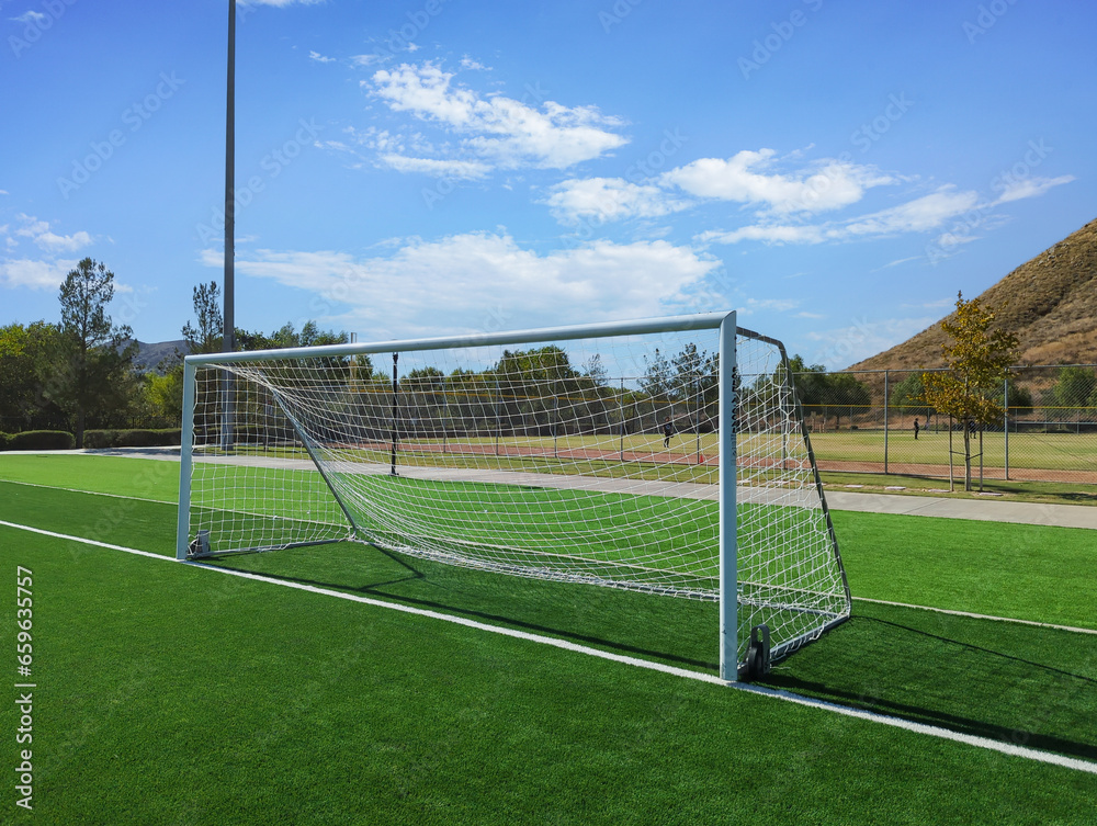 Fototapeta premium A front angle view of soccer goal at public park