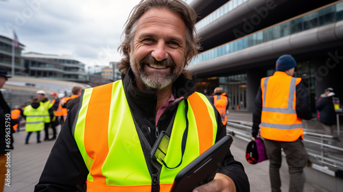 A mature adult man is a construction site worker on a construction site on a large building with other workers and colleagues, in a good mood, holding a tablet computer