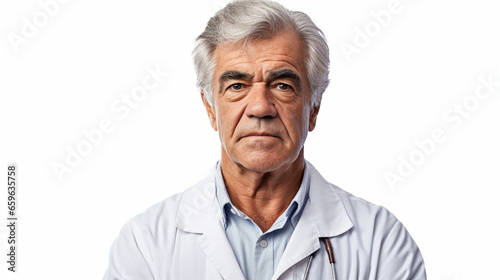 Mature older adult man with gray hair, wearing white doctor's coat, Caucasian, old age and career in medicine, as a doctor or in the hospital, country doctor, professional life,