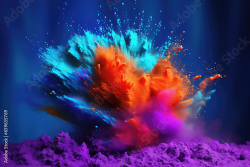 Cosmetic professional makeup brushes and brushes with colorful explosion powders in motion isolated. photo
