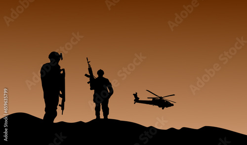 Vektor Silhouetten - Soldaten mit Hubschrauben in den Bergen