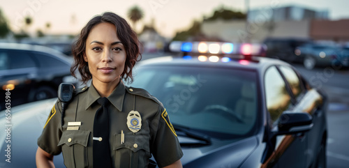 Hispanic woman working as police officer or cop, closeup portrait, blurred vehicle in background. Generative AI photo