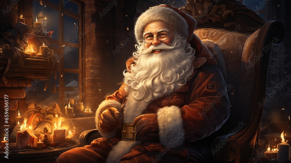 Santa Claus with a gift and champagne. Happy grandfather with a white beard. Festive character symbol of Christmas and New Year. Good-natured active old man.