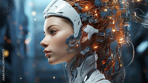 Cyborg woman. 3d rendering, 3d illustration. Robot woman.
Cyborg-Frau. 3D-Rendering, 3D-Illustration. Roboterfrau.