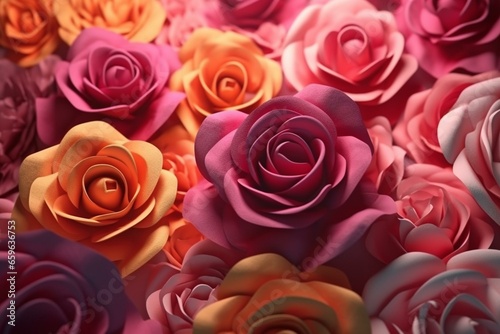 Beautiful roses form a vibrant  romantic and colorful background with a 3D render. Generative AI