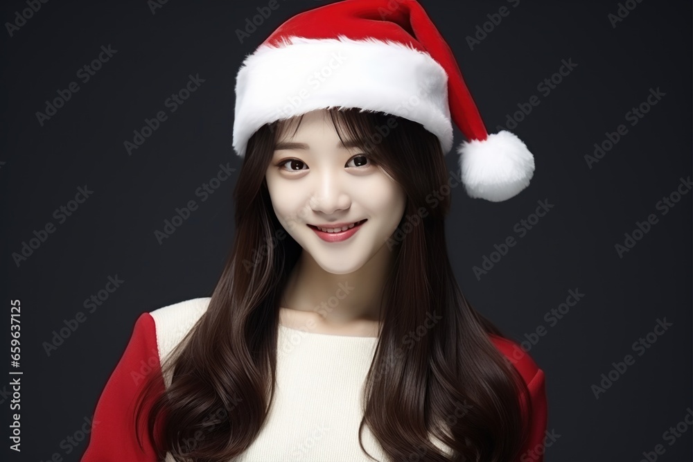Beautiful girl in a Santa Claus hat. Asian model beauty portrait. Beautiful girl in a Santa Claus hat. Asian model beauty portrait.