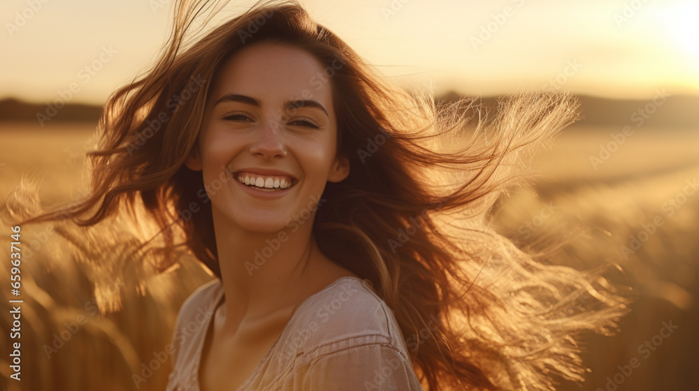 Young happy smiling woman standing in a field with sun shining through her hair Young happy smiling woman standing in a field with sun shining through her hair