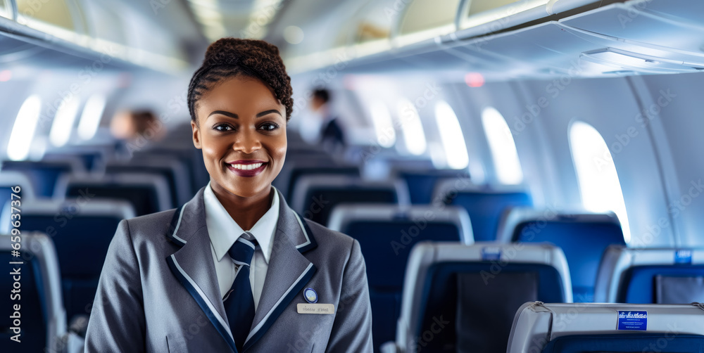 African American woman working as flight attendant. Female airplane stewardess with blurred seats in aisle background. Generative AI
