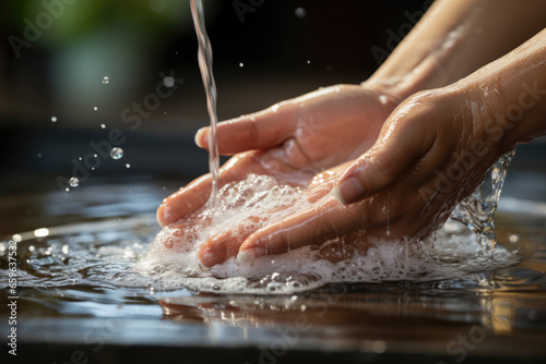 A person vigorously scrubbing their hands with soap and water, illustrating the importance of hand hygiene. Concept of handwashing. Generative Ai.