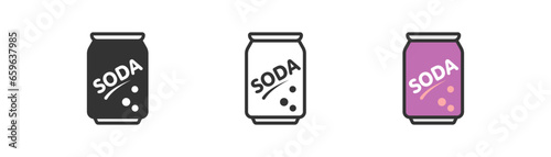 Soda in aluminium recyclable can icon. Cold beverage symbol. Carbonated drink with berries flavor. Outline, flat and colored style icon for web design. Vector illustration.