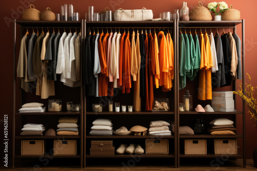 A person organizing their closet with proper storage solutions to prevent dust and maintain wardrobe hygiene. Concept of closet organization. Generative Ai.