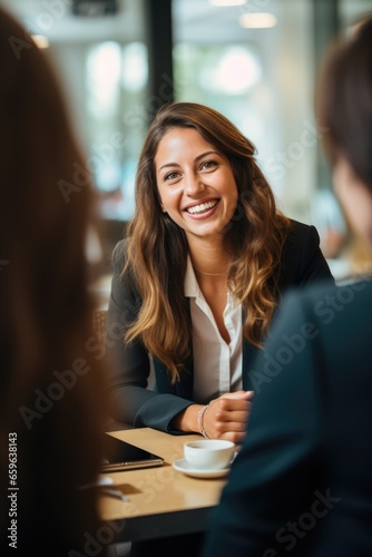 Female consultant with financial manager at a bank photo