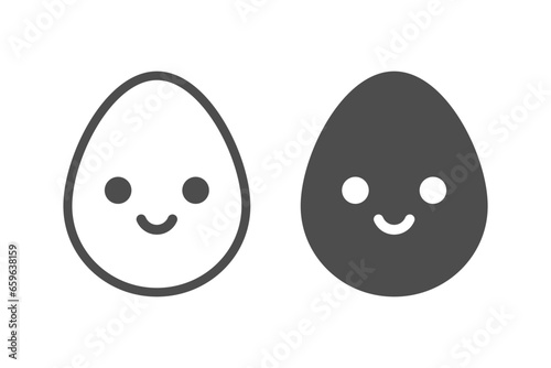 Egg character with smile vector icon. Breakfast symbol. Natural healthy food, protein, chicken product, boiled or raw egg in eggshell. Outline, flat and colored style icon. Vector illustration.