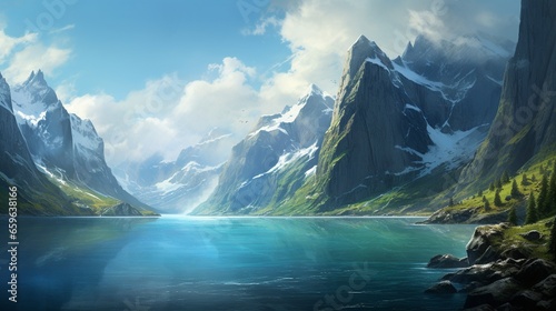The breathtaking vista of a fjord, with steep cliffs plunging into deep blue waters. photo