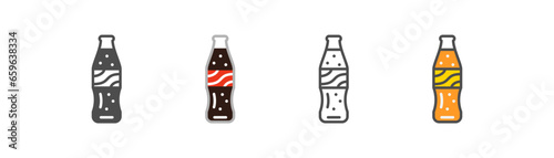 Fizzy soda in glass bottle icon. Sweet cold orange beverage symbol. Carbonated drink with different flavor. Outline, flat and colored style icon for web design. Vector illustration.