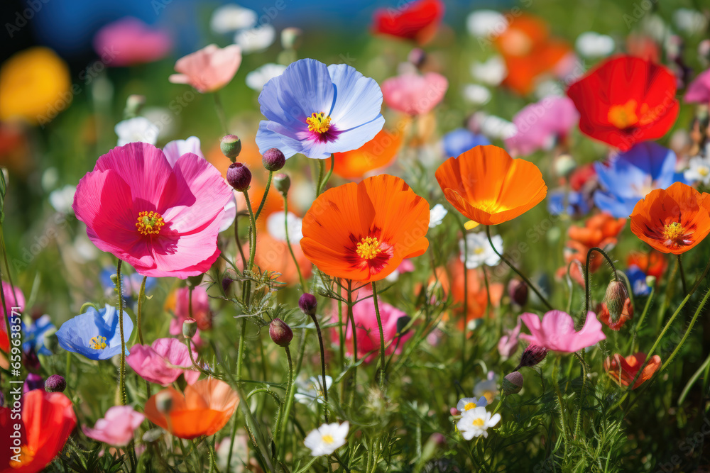 Obraz premium Multicolor flowers in meadow in summer. Pink Cosmos flower background. 