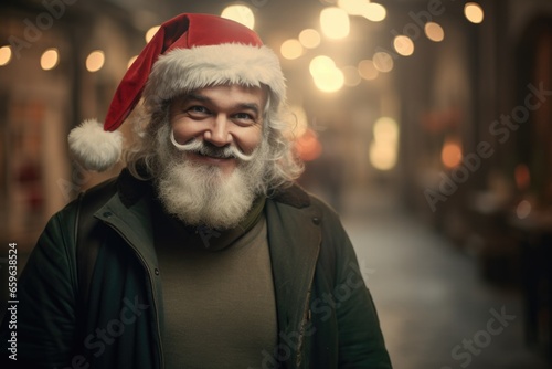 Smiling bearded man in santa claus costume with gifts. © Synthetica