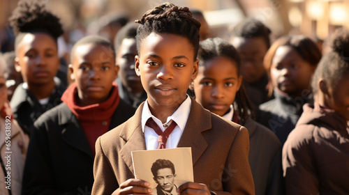 A group of schoolchildren participating in an educational activity about the Civil Rights Movement on National Freedom Day photo