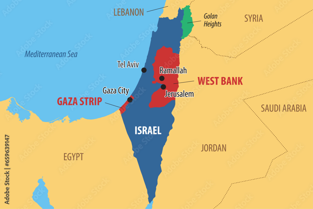 Fototapeta premium Vector map of Israel and Palestine, showing the areas of the West Bank and the Gaza strip