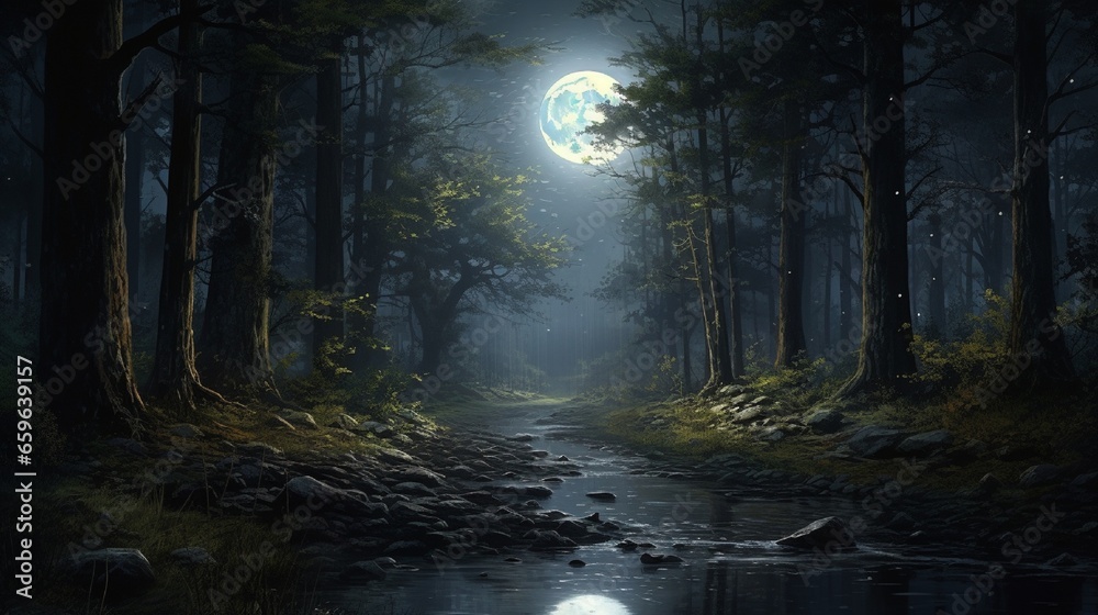 The full moon casting silvery light over a tranquil forest clearing.
