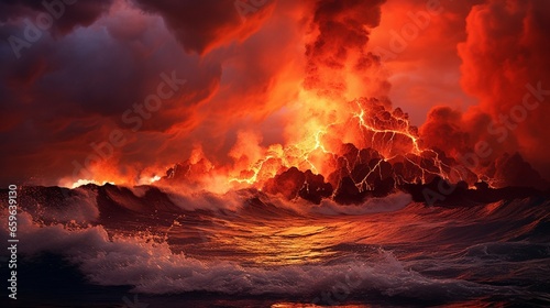 The fiery spectacle of molten lava flowing into the sea, creating clouds of steam.