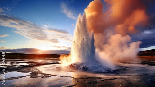 The magnificent spectacle of a geyser erupting in a vast volcanic landscape.